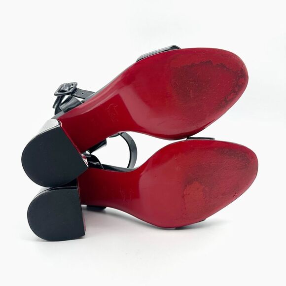 CHRISTIAN LOUBOUTIN Miss Sabina Black Ankle Strap Heel Size 37.5 Patent Leather - Picture 10 of 14